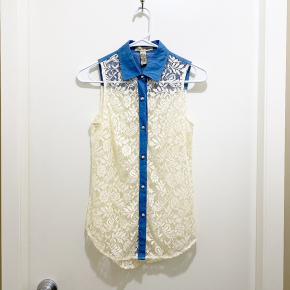 NWT Fun & Flirt Lace Button Up Tank White Blue S - Picture 2 of 11